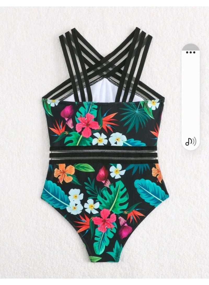 SHEIN  Girls' Tropical Plant Print Patchwork Ribbon One-Piece Bikini Swimsuit - Image 2