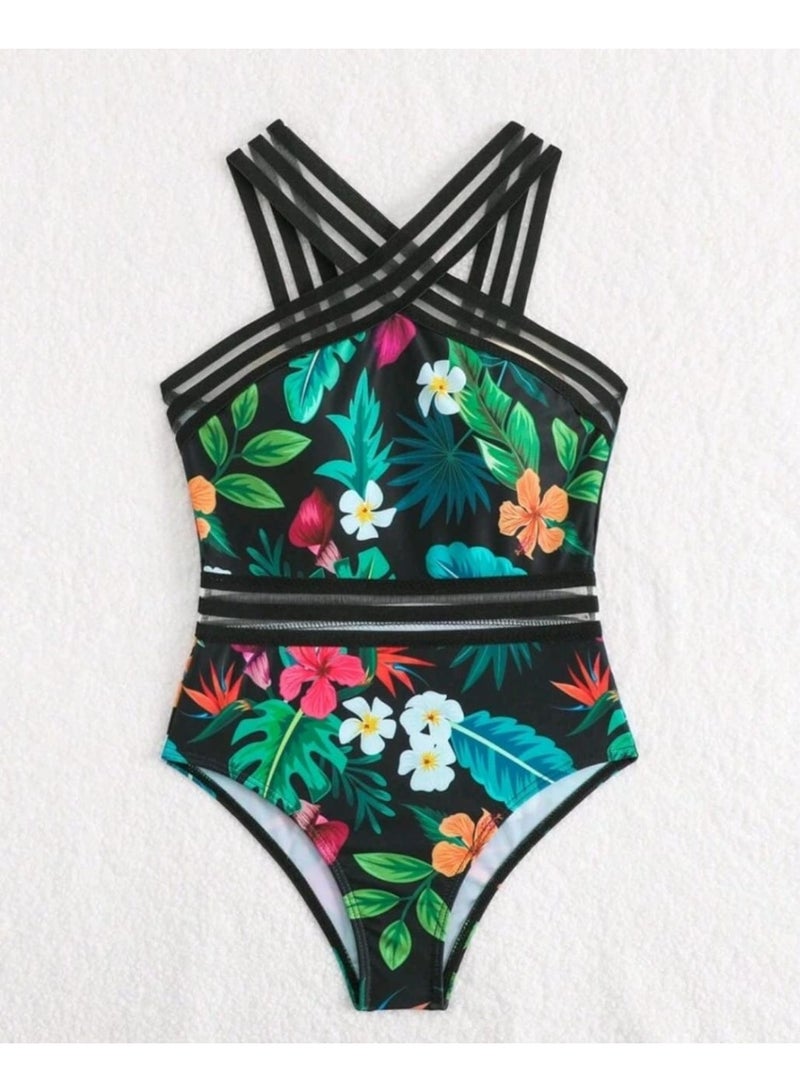 SHEIN  Girls' Tropical Plant Print Patchwork Ribbon One-Piece Bikini Swimsuit - Image 4