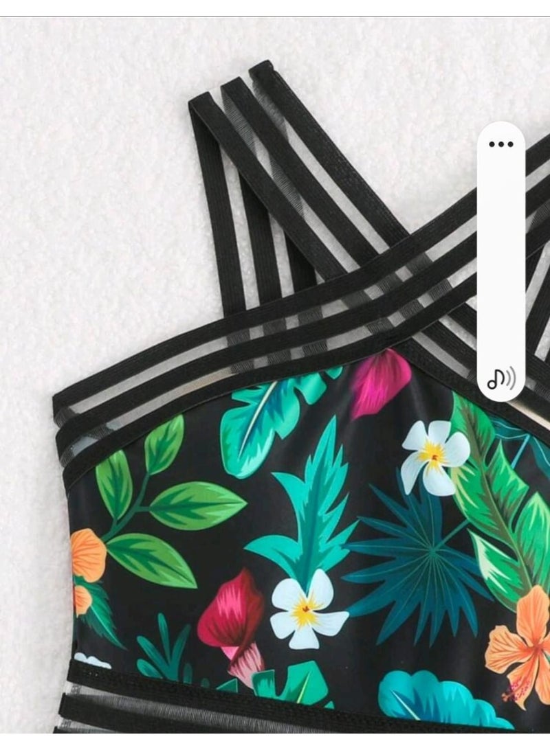 SHEIN  Girls' Tropical Plant Print Patchwork Ribbon One-Piece Bikini Swimsuit - Image 3