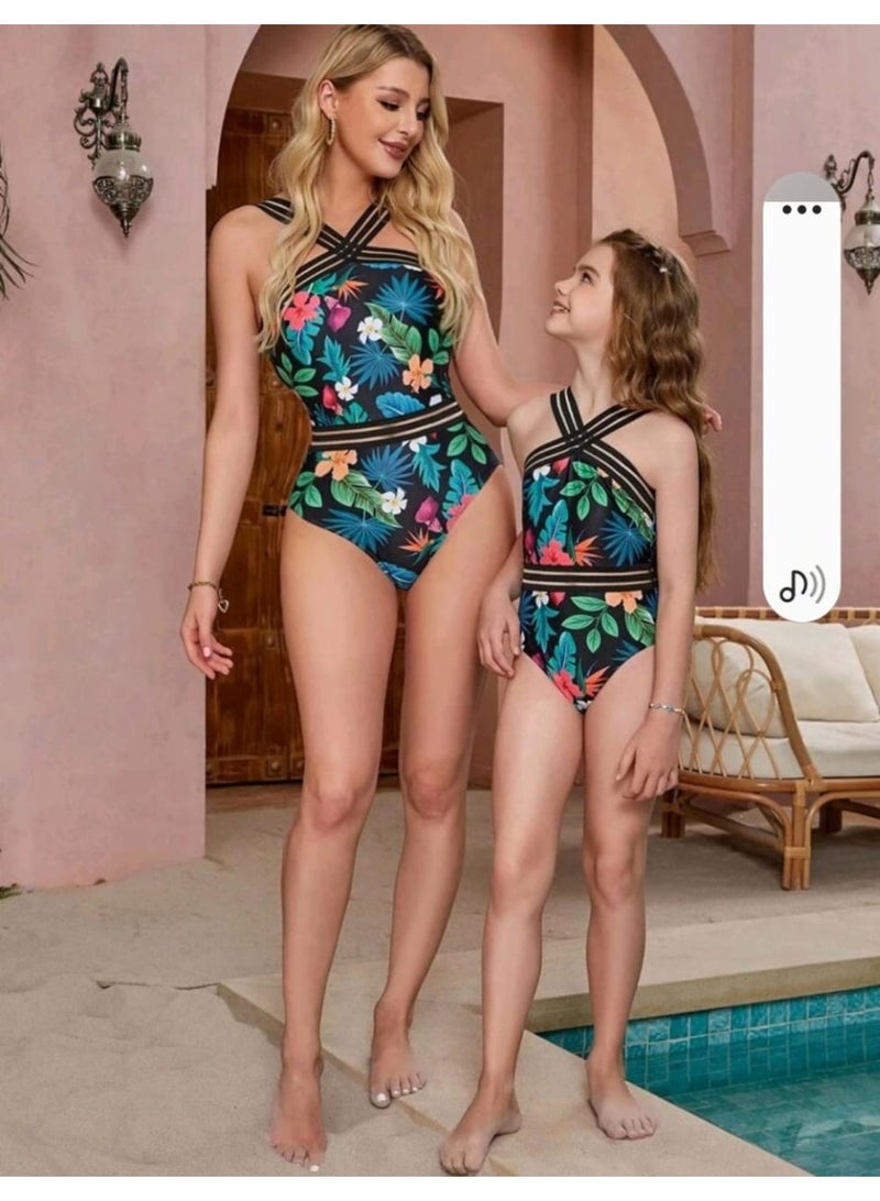 SHEIN  Girls' Tropical Plant Print Patchwork Ribbon One-Piece Bikini Swimsuit - Image 1