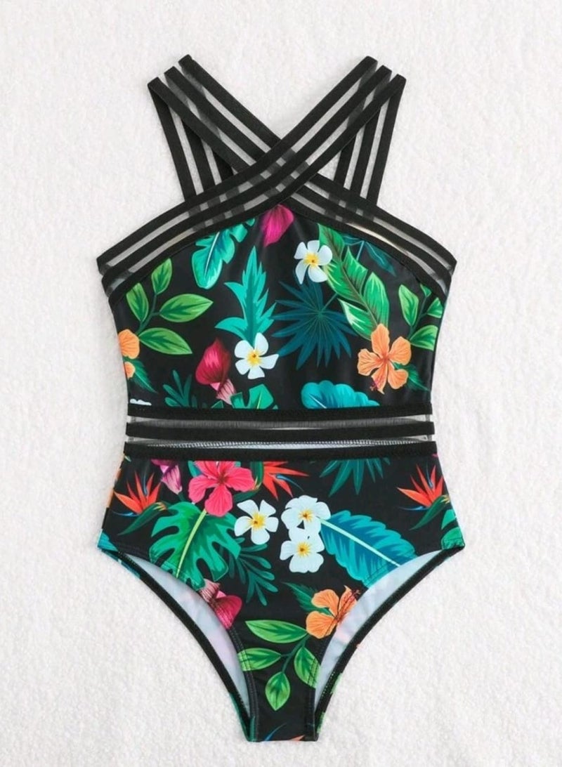 SHEIN  Girls' Tropical Plant Print Patchwork Ribbon One-Piece Bikini Swimsuit - Image 5
