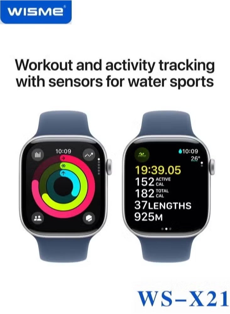 WISME ساعة ذكية بتصميم أنيق وشاشة عالية الدقة WS-X21 مع 10 أحزمة قابلة للتبديل - كابل شحن، مصممة للسيدات والرجال باللون الفضي - Image 2