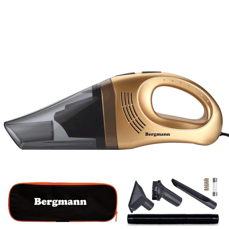 Bergmann Hurricane Gold Car Vacuum Cleaner 12V DC | with BLDC Motor | 150W 100% Copper Motor | Crazy Suction Power Upto 14 kpa ! | Dual Filter | 4 Attachments + Storage Bag | Luxury Gold - Image 1