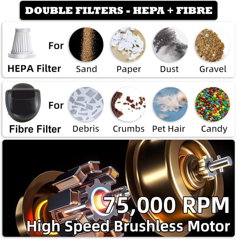 Bergmann Hurricane Gold Car Vacuum Cleaner 12V DC | with BLDC Motor | 150W 100% Copper Motor | Crazy Suction Power Upto 14 kpa ! | Dual Filter | 4 Attachments + Storage Bag | Luxury Gold - Image 4