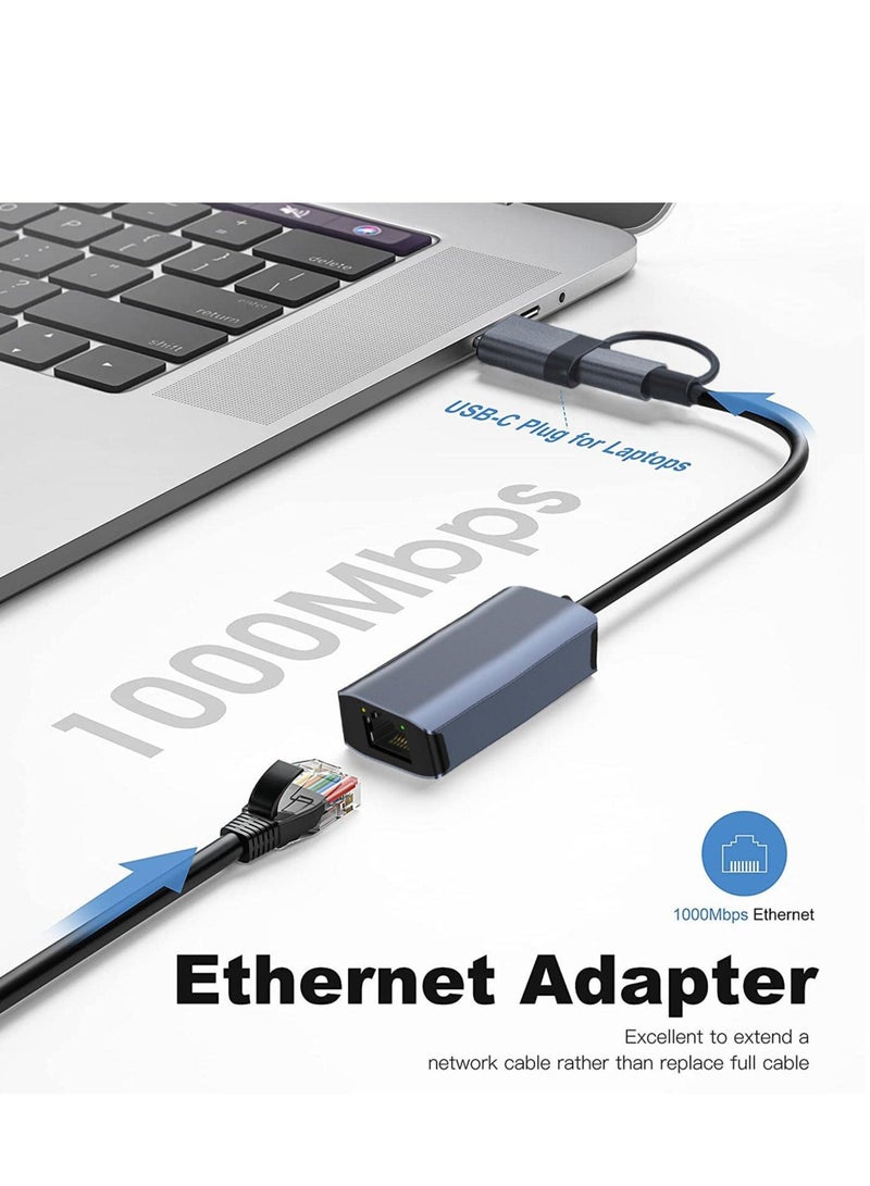 USB C Ethernet Adapter, Fast USB to Ethernet, Type-C to RJ45 Adapter Work for MacWindows, Network Adapter USB Ethernet Adapter for Laptop Tablets and Computers