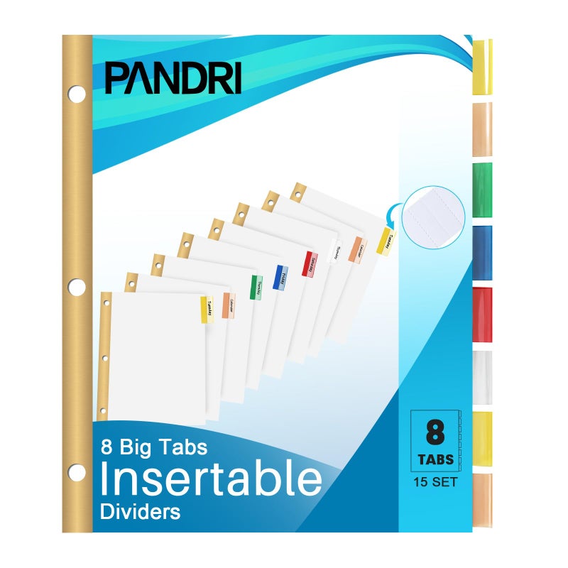 PANDRI فواصل مجلدات باندري، عبوة من 120 فاصلًا أبيض اللون مع 8 علامات تبويب وملاحظات لاصقة، فواصل مجلدات ورقية بحجم الرسائل للمدرسة والمكتب والمنزل والعمل - Image 1