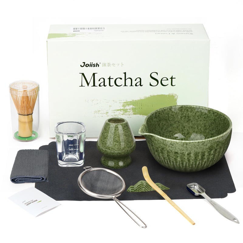Joiish Matcha Whisk Set 10Pcs Matcha Kit Bamboo Whisk and Bowl with Spout Measuring Spoon Cup Japanese Tea Making Tools Complete Matcha Gift Set for Starter Mottled Green