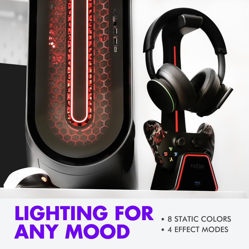 حامل سماعات رأس وأذرع تحكم للألعاب 3 في 1 من Tilted Nation مع محطة شحن لـ PS5 وXbox Series X - حامل أذرع التحكم وحامل سماعات الرأس للمكتب مع شاحن مغناطيسي لـ Playstation وXbox - Image 2