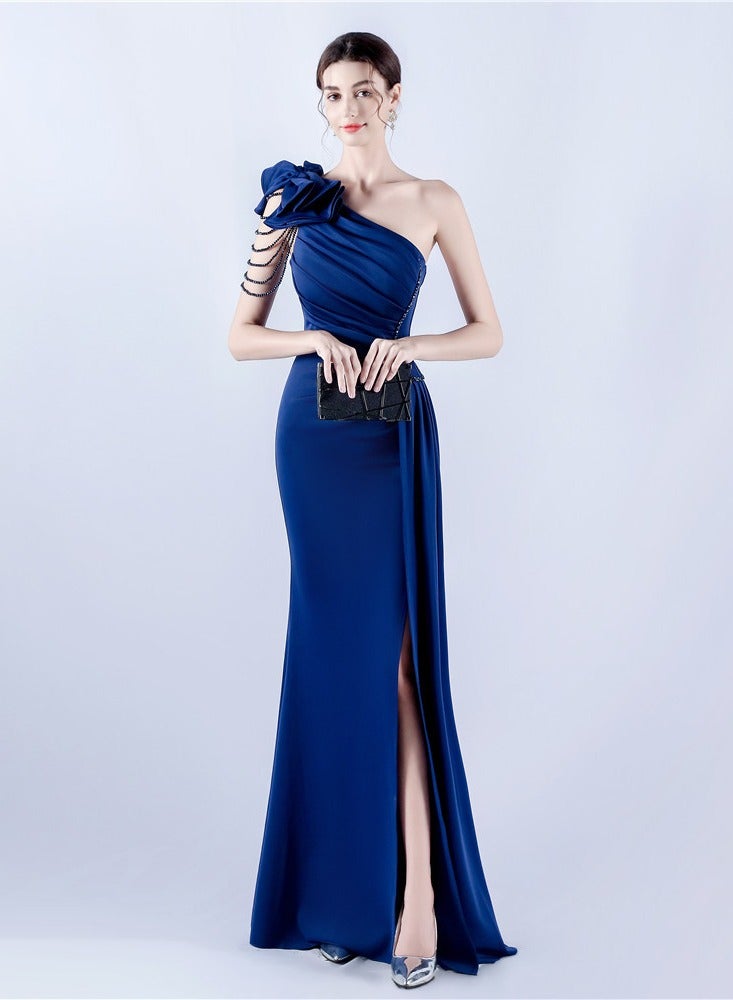 Meilun Navy Blue One - Shoulder Gown with Floral Bow, Chain Detail & High Slit - Image 1