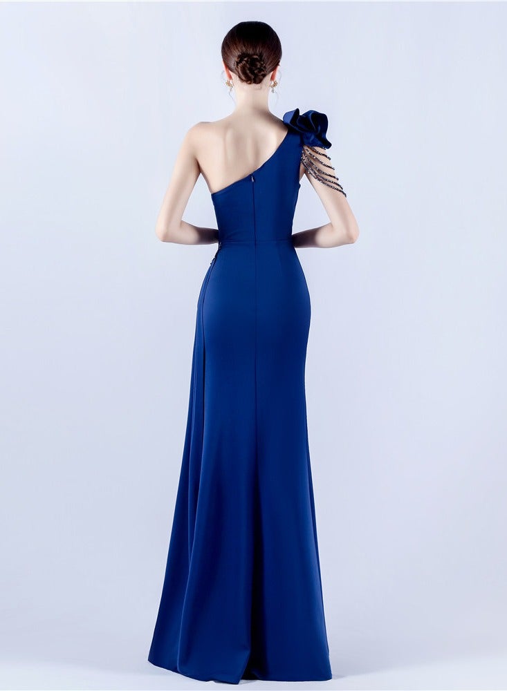 Meilun Navy Blue One - Shoulder Gown with Floral Bow, Chain Detail & High Slit - Image 2