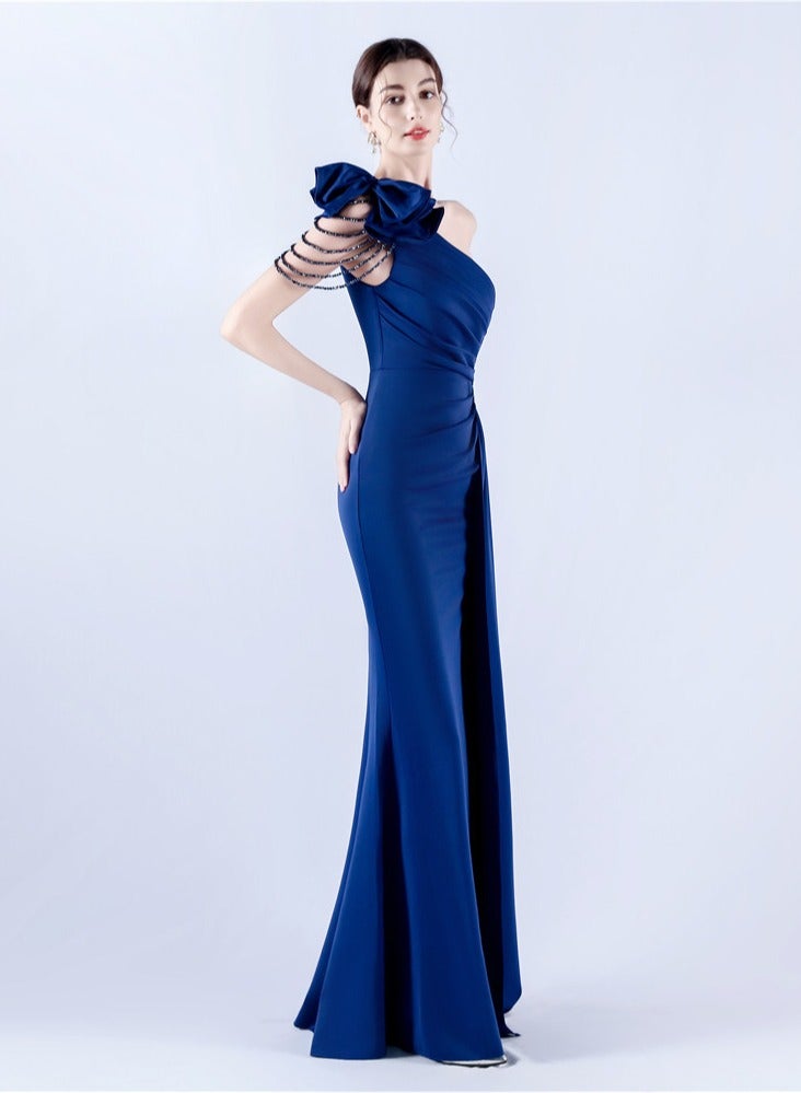 Meilun Navy Blue One - Shoulder Gown with Floral Bow, Chain Detail & High Slit - Image 3