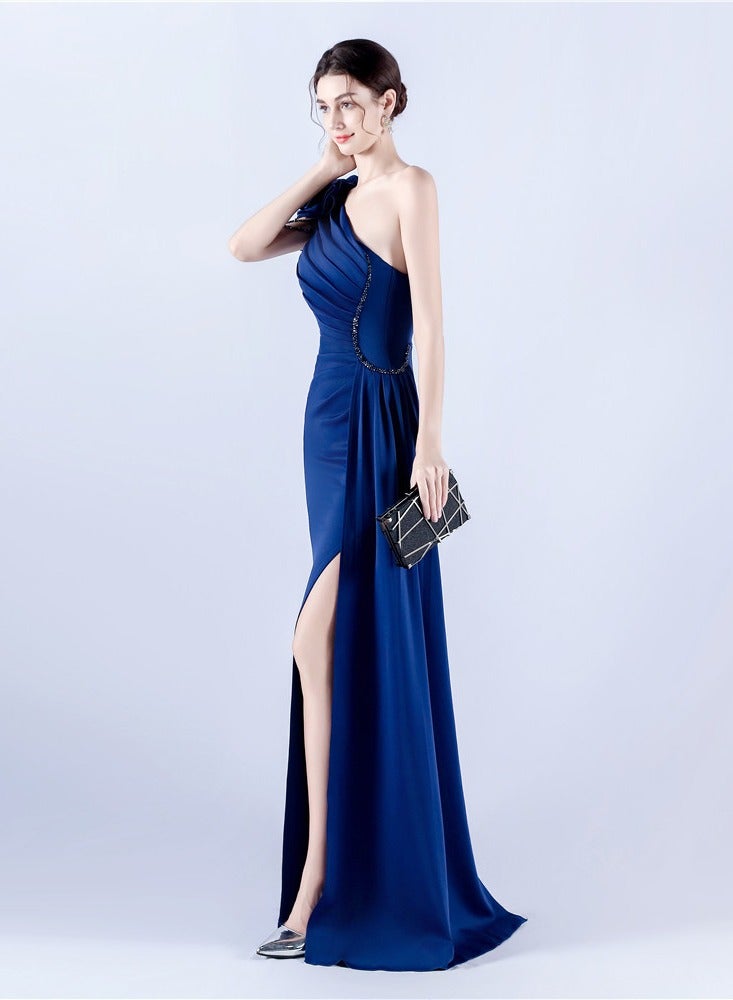 Meilun Navy Blue One - Shoulder Gown with Floral Bow, Chain Detail & High Slit - Image 4