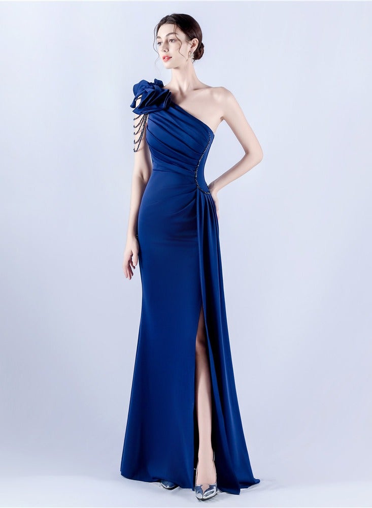 Meilun Navy Blue One - Shoulder Gown with Floral Bow, Chain Detail & High Slit - Image 5