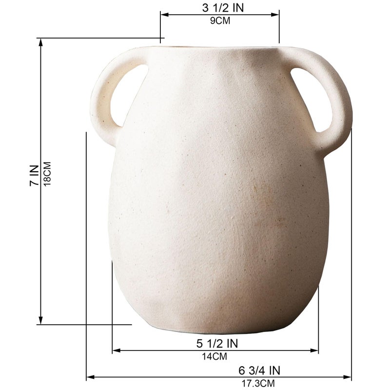Kimdio White Ceramic Vase with 2 Handles â€“ Sand-Glazed Clay Pottery Vase for Dried Flowers, Rustic Modern Table Decor, Farmhouse Boho Shelf Decoration - Image 4