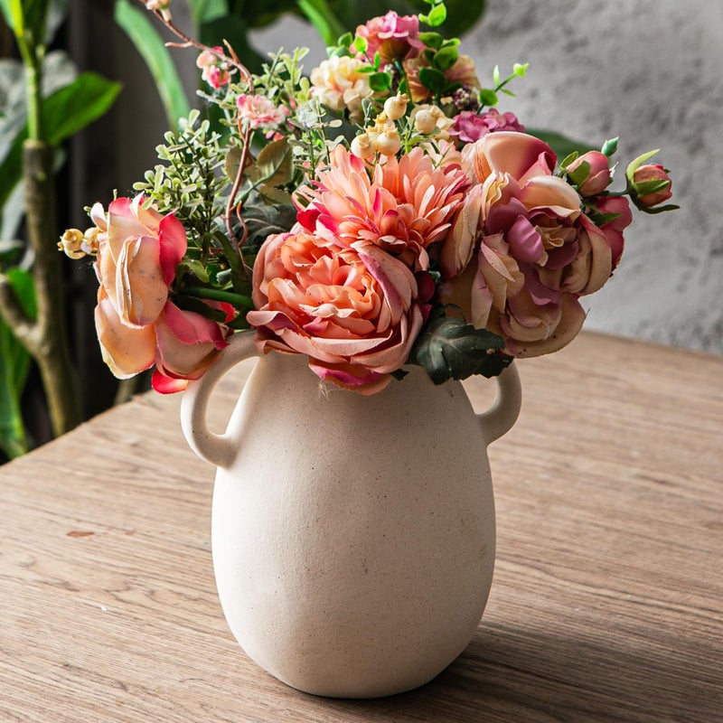 Kimdio White Ceramic Vase with 2 Handles â€“ Sand-Glazed Clay Pottery Vase for Dried Flowers, Rustic Modern Table Decor, Farmhouse Boho Shelf Decoration - Image 3