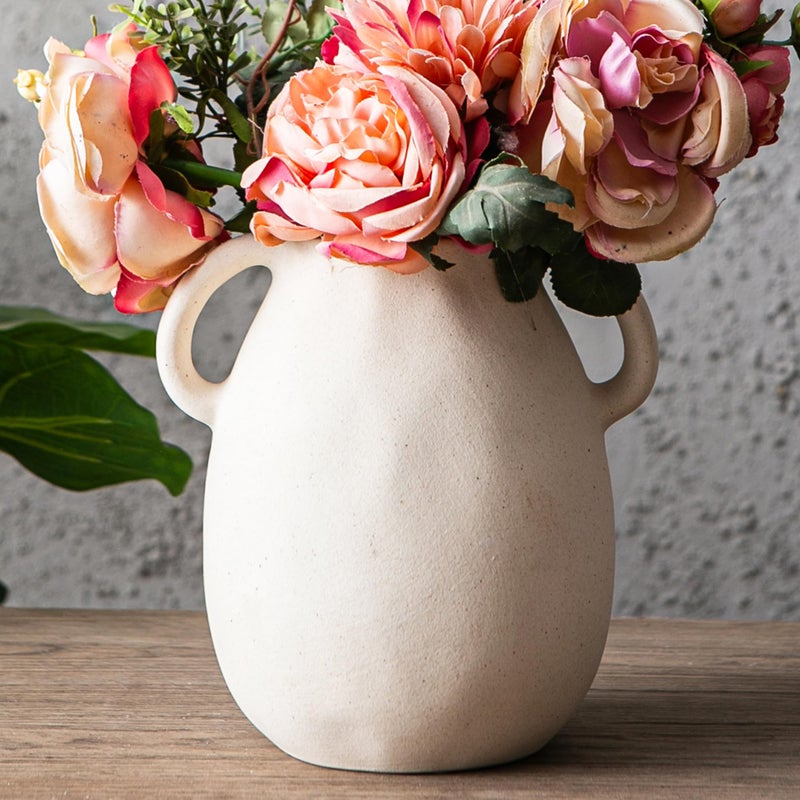 Kimdio White Ceramic Vase with 2 Handles â€“ Sand-Glazed Clay Pottery Vase for Dried Flowers, Rustic Modern Table Decor, Farmhouse Boho Shelf Decoration - Image 2