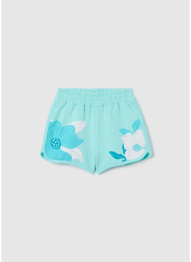 او في اس Blue Cotton Shorts With Flowers