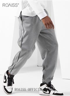 roaiss Men's Casual Sports Trousers Slim Stitching Simple Solid Color Elastic Waistband Spring and Autumn  - Image 2