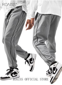 roaiss Men's Casual Sports Trousers Slim Stitching Simple Solid Color Elastic Waistband Spring and Autumn  - Image 3