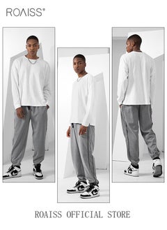 roaiss Men's Casual Sports Trousers Slim Stitching Simple Solid Color Elastic Waistband Spring and Autumn  - Image 1