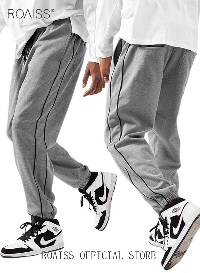 roaiss Men's Casual Sports Trousers Slim Stitching Simple Solid Color Elastic Waistband Spring and Autumn  - Image 1