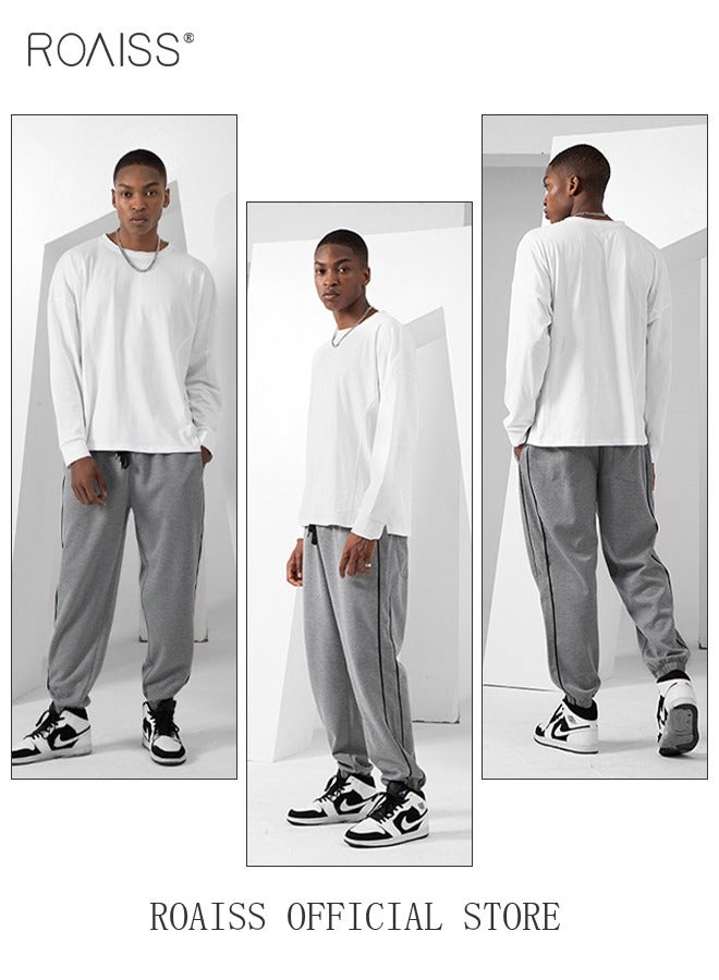 roaiss Men's Casual Sports Trousers Slim Stitching Simple Solid Color Elastic Waistband Spring and Autumn  - Image 2