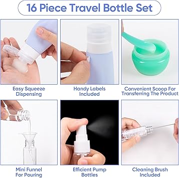 ASAB 16 Pack Silicone Travel Bottles for Toiletries TSA Approved Leak Proof Squeezable Refillable Travel Size Bottles for Body Wash Conditioner Shampoo Lotion Pots Toiletry Travel Bottle Set with Bag - Image 3