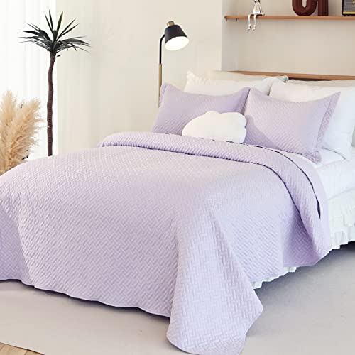 Cmfshape 3 Piece Bedspread Queen Size,Classic Geometric Stitched Quilt Set,Soft Lightweight Microfiber Bed Cover Set,Reversible Coverlet with 2 Shams(Queen92 x96,Lavender) - Image 3