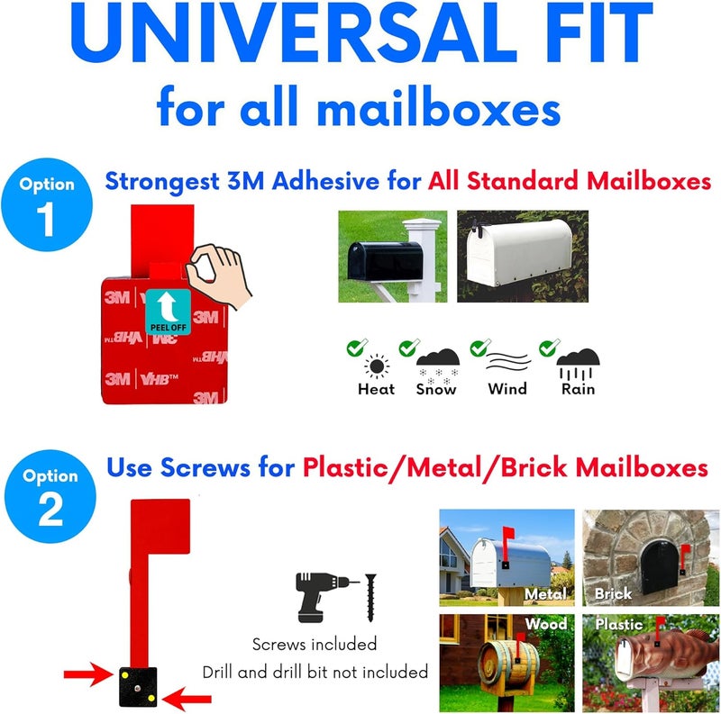 MCCHJoy No Tools Needed with Optional Screws Mailbox Flag Replacement (Pack of 1) – Weather-Proof Strongest Adhesive Red Flag for Mailboxes Outside – Two Installation Options - Image 2