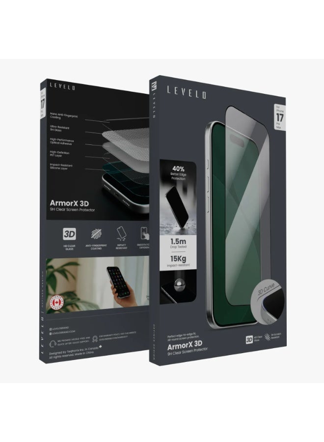 LEVELO ArmorX 3D Screen Protector for iPhone 17 Pro Max with 9H Ultra Resistant & Nano Anti Fingerprint Coating / Oleophobic Coating / Smooth Touch Experience / 40% Better Edge Protection / Impact-Resistant Silicone Layer / 15Kg Impact Resistant - Clear - Image 5