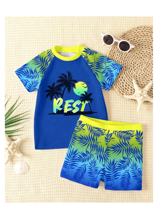 Swimsuit set with blue and yellow sea prints for young boys (3-4 years old) - Image 2