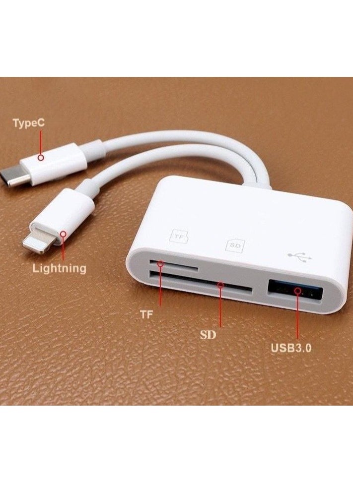 3-in-1 Dual Interface Card Reader – USB + SD + TF Adapter with USB-C & Lightning Connectors for iPhone, iPad, Android, Laptop – OTG Plug & Play, Boxed Portable Design