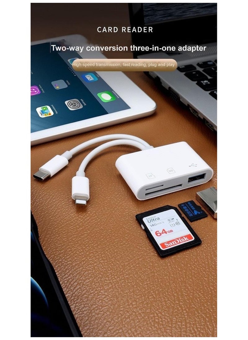 3-in-1 Dual Interface Card Reader – USB + SD + TF Adapter with USB-C & Lightning Connectors for iPhone, iPad, Android, Laptop – OTG Plug & Play, Boxed Portable Design