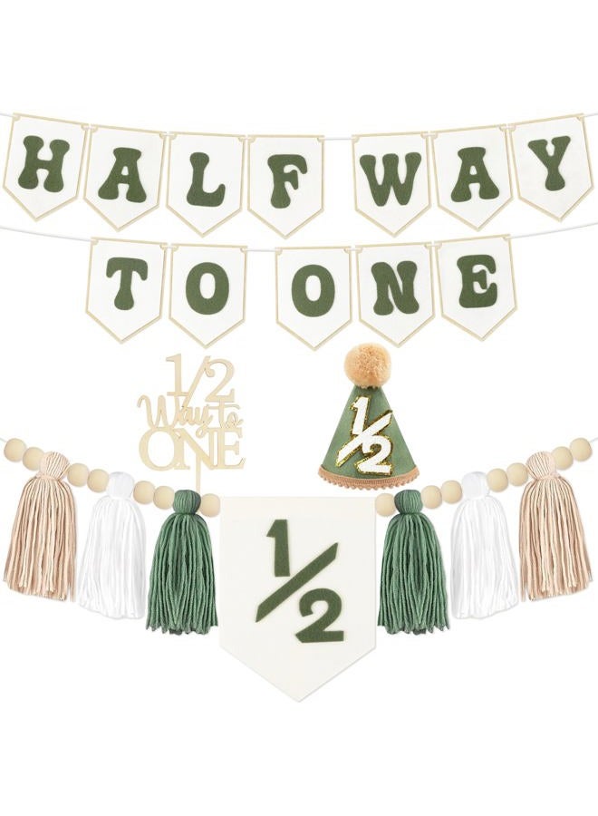 THAWAY 1/2 Birthday Green Half Birthday Decorations - White Blue It's My 1/2 Birth Banner Glitter Cake Topper Tassel Wood Bead High Chair Banner & Cone, Hat Halfway to One Party Supplies - Image 1