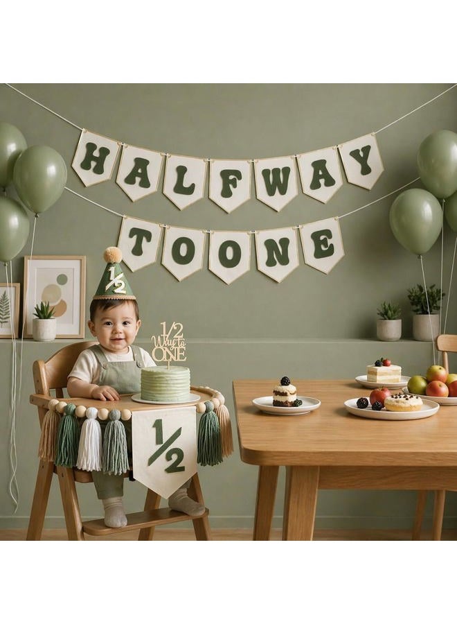 THAWAY 1/2 Birthday Green Half Birthday Decorations - White Blue It's My 1/2 Birth Banner Glitter Cake Topper Tassel Wood Bead High Chair Banner & Cone, Hat Halfway to One Party Supplies - Image 2