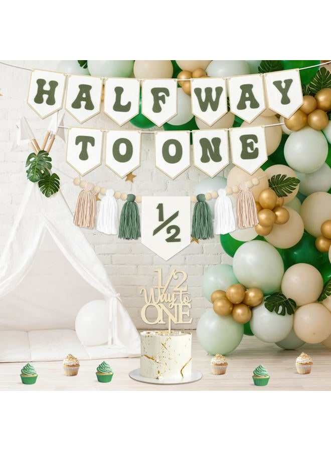 THAWAY 1/2 Birthday Green Half Birthday Decorations - White Blue It's My 1/2 Birth Banner Glitter Cake Topper Tassel Wood Bead High Chair Banner & Cone, Hat Halfway to One Party Supplies - Image 4