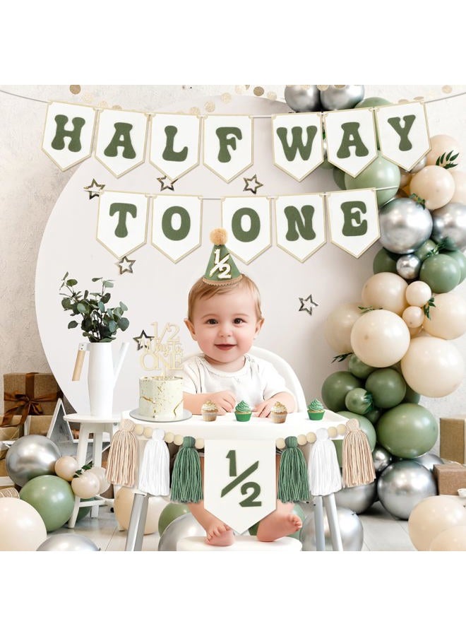 THAWAY 1/2 Birthday Green Half Birthday Decorations - White Blue It's My 1/2 Birth Banner Glitter Cake Topper Tassel Wood Bead High Chair Banner & Cone, Hat Halfway to One Party Supplies - Image 3