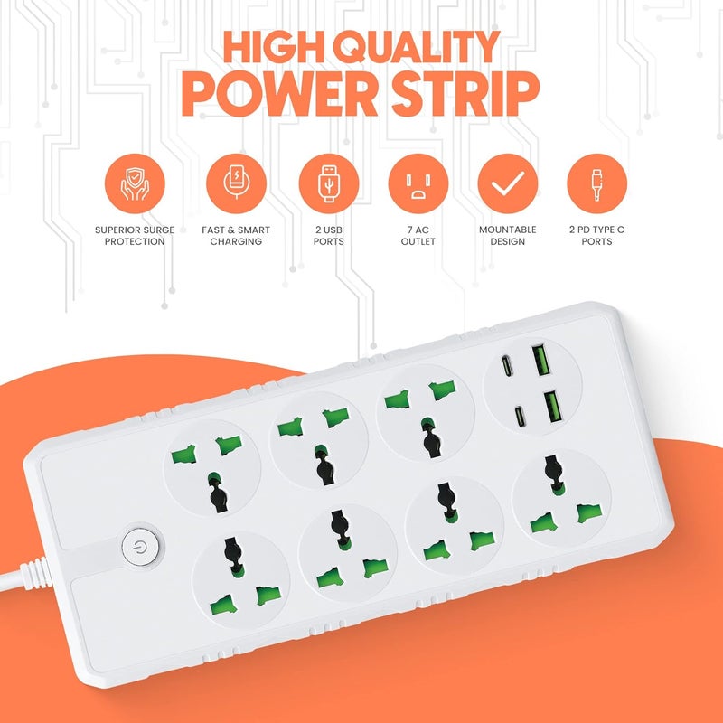ELONSEY 10m Universal Power Extension Cord with 4 Power Plugs 4 Power Strip Outlets, 4 Way Power Strip, Extension Lead 10 meters - White (10M 4S) - Image 1