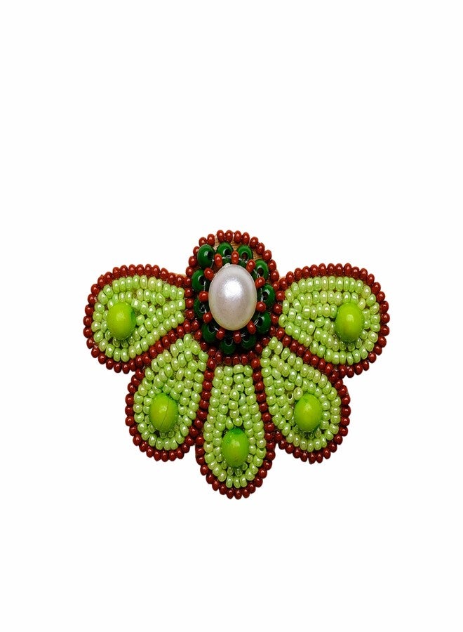 Abeo India Handmade Beaded Half Daisy Hair Clip, Green and Brown, 6.35 cm x 3.81 cm - Image 1