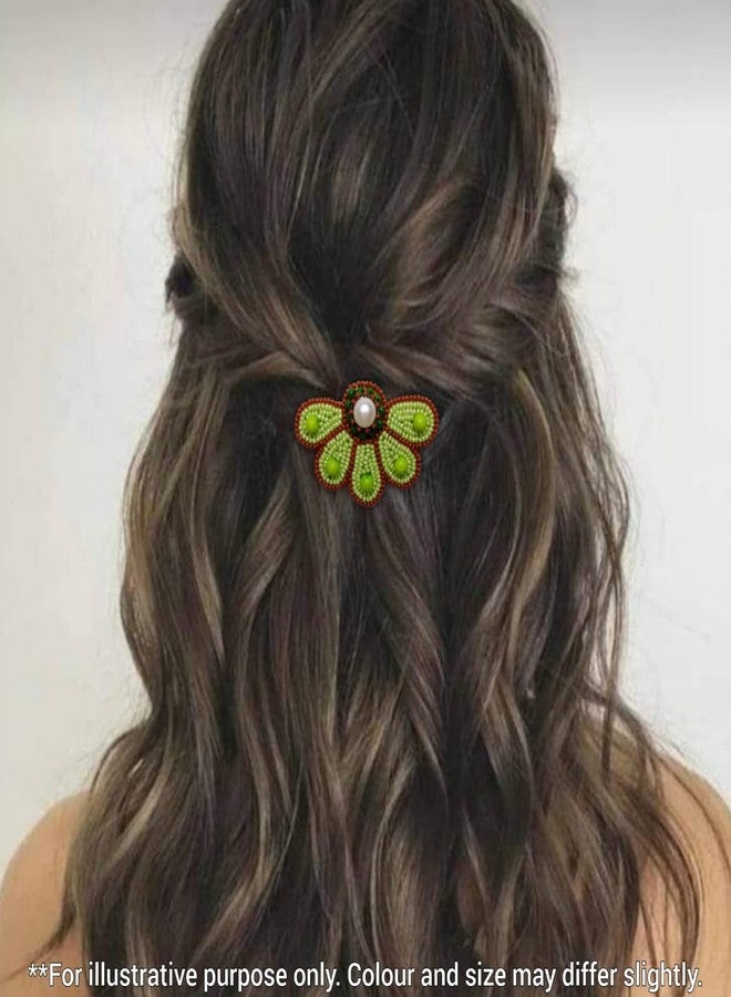 Abeo India Handmade Beaded Half Daisy Hair Clip, Green and Brown, 6.35 cm x 3.81 cm - Image 3