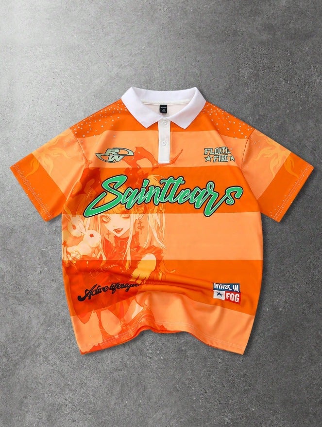 3D Printed Polo Short-Sleeve American Hip-Hop Letter Fashion Versatile Trendy Men's Short-Sleeve