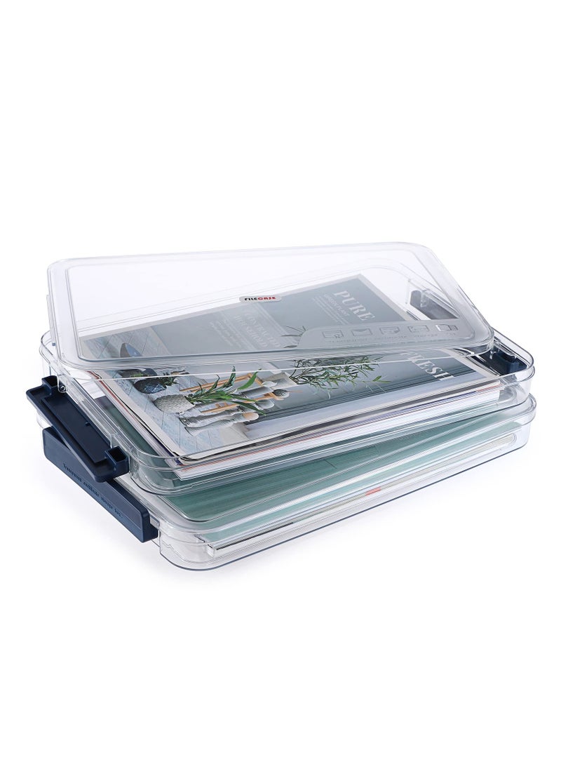 SYOSI - 2 Pack Clear Plastic Stackable Storage Box With Lids Stackable Storage Bins Paper Storage Box Containers For Organizing A4 File Paper Document Photo Scrapbook(Small Blue) - Image 1