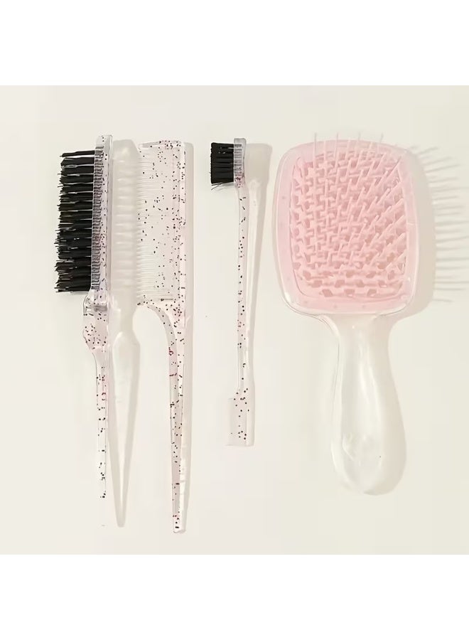 Goolsky مجموعة أمشاط تصفيف الشعر في الصالون 4 قطع - فرشاة جانبية من شعيرات النايلون، مقبض من البلاستيك ABS، أمشاط لفك التشابك والتصفيف لجميع أنواع الشعر، أمشاط أنيقة باللونين الوردي والشفاف مع تفاصيل لامعة، أساسيات العناية بالشعر | إكسسوارات شعر أنيقة | أمشاط بلاستيكية متينة - Image 1