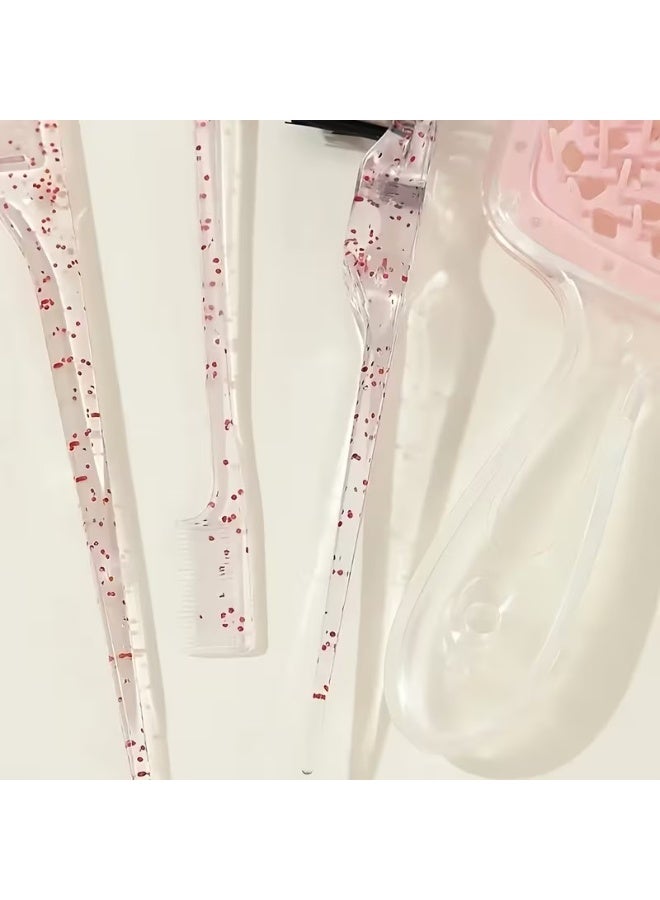 Goolsky مجموعة أمشاط تصفيف الشعر في الصالون 4 قطع - فرشاة جانبية من شعيرات النايلون، مقبض من البلاستيك ABS، أمشاط لفك التشابك والتصفيف لجميع أنواع الشعر، أمشاط أنيقة باللونين الوردي والشفاف مع تفاصيل لامعة، أساسيات العناية بالشعر | إكسسوارات شعر أنيقة | أمشاط بلاستيكية متينة - Image 5