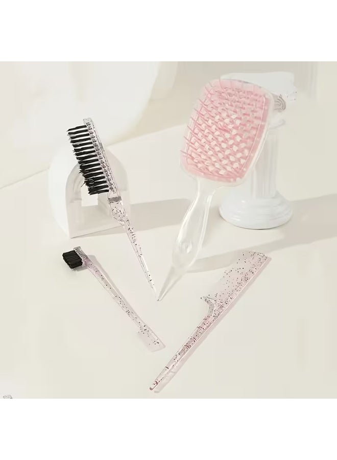 Goolsky مجموعة أمشاط تصفيف الشعر في الصالون 4 قطع - فرشاة جانبية من شعيرات النايلون، مقبض من البلاستيك ABS، أمشاط لفك التشابك والتصفيف لجميع أنواع الشعر، أمشاط أنيقة باللونين الوردي والشفاف مع تفاصيل لامعة، أساسيات العناية بالشعر | إكسسوارات شعر أنيقة | أمشاط بلاستيكية متينة - Image 4
