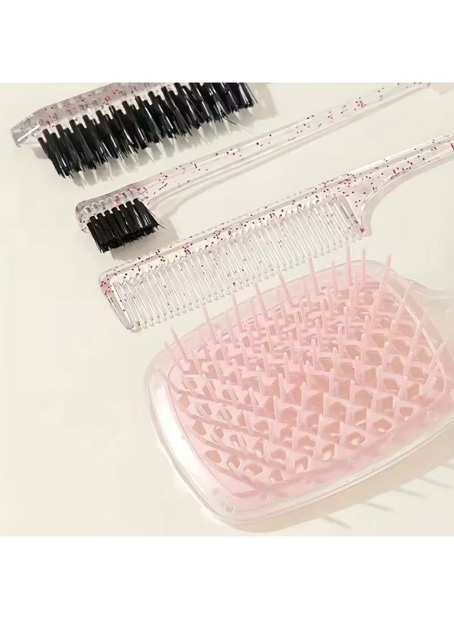 Goolsky مجموعة أمشاط تصفيف الشعر في الصالون 4 قطع - فرشاة جانبية من شعيرات النايلون، مقبض من البلاستيك ABS، أمشاط لفك التشابك والتصفيف لجميع أنواع الشعر، أمشاط أنيقة باللونين الوردي والشفاف مع تفاصيل لامعة، أساسيات العناية بالشعر | إكسسوارات شعر أنيقة | أمشاط بلاستيكية متينة - Image 3