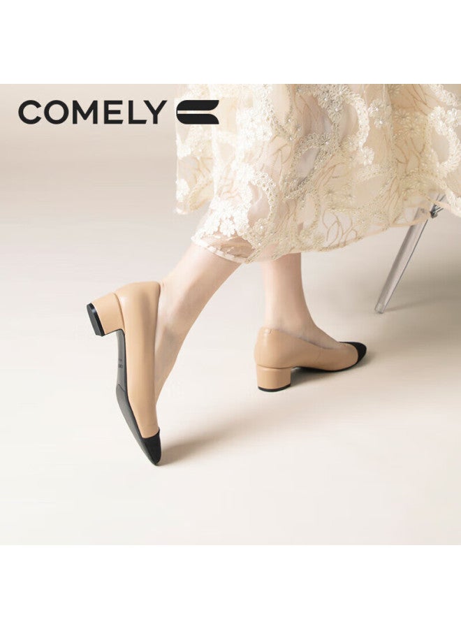 Comely Kangli Chanel-style Women's Flats, Spring Season Patchwork Lambskin French Chunky Heel Commuter Versatile High Heels, Apricot Color, Size 36 - Image 4