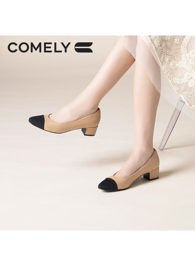 Comely Kangli Chanel-style Women's Flats, Spring Season Patchwork Lambskin French Chunky Heel Commuter Versatile High Heels, Apricot Color, Size 36 - Image 2