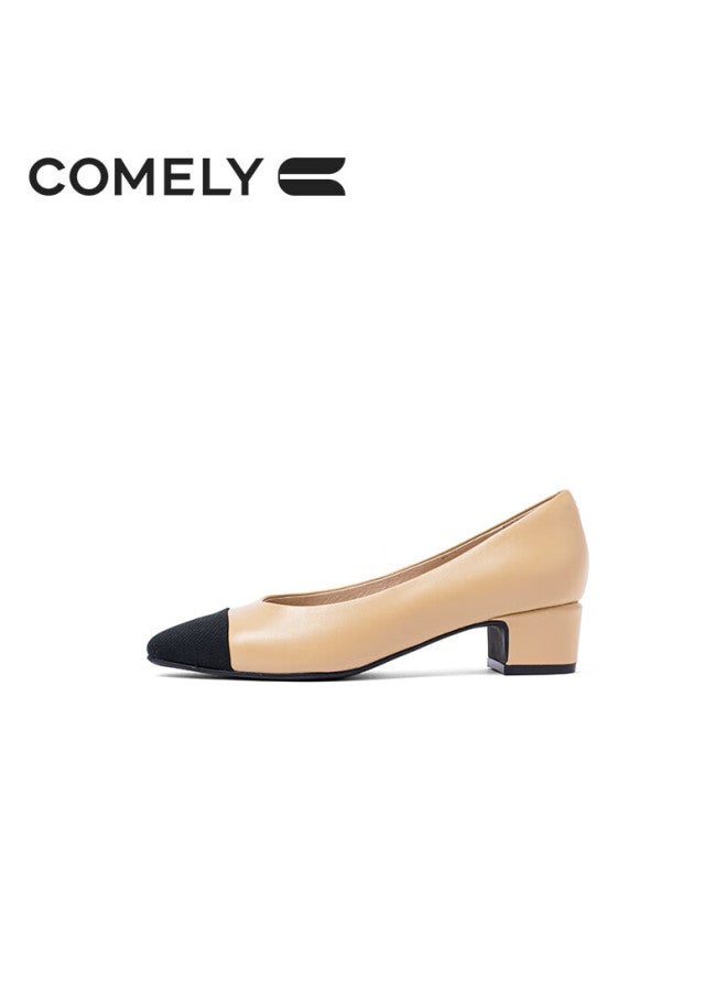 Comely Kangli Chanel-style Women's Flats, Spring Season Patchwork Lambskin French Chunky Heel Commuter Versatile High Heels, Apricot Color, Size 36 - Image 1