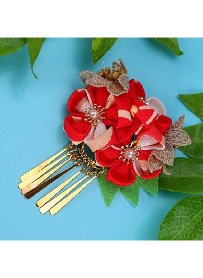Amosfun - Japanese Hairpin Kimono Flower Hair Clip Kanzashi Flower Hair Tie Band Clip For Women Girls (Red) - Image 1